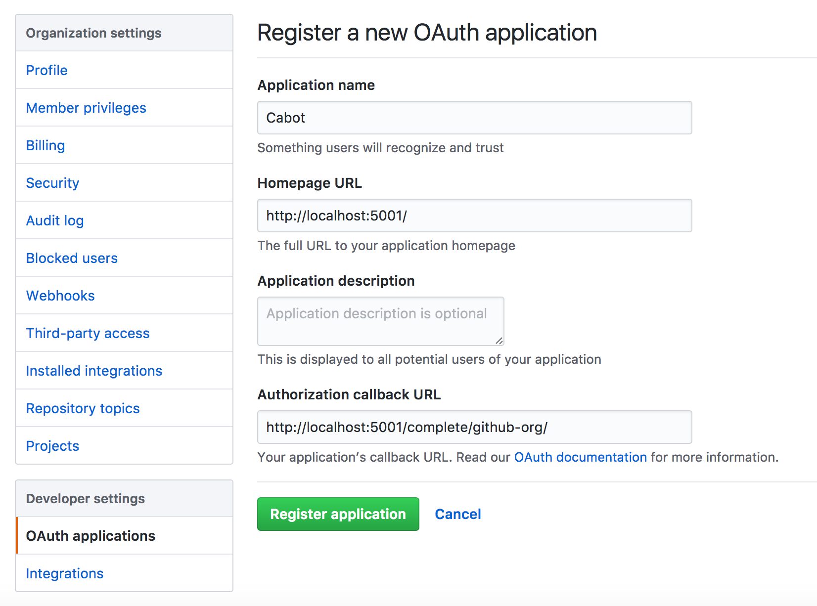 Create OAuth application