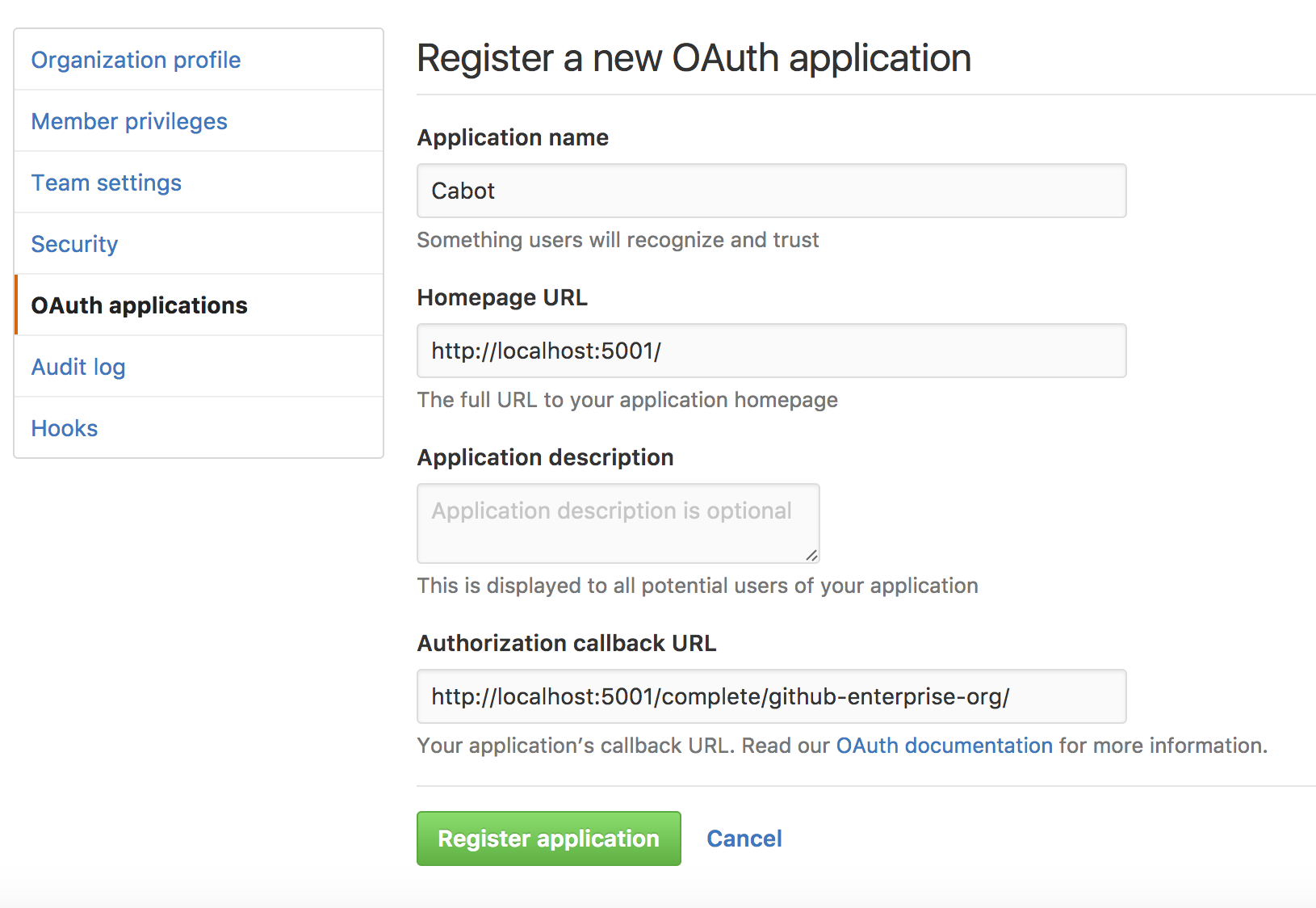 Create OAuth application